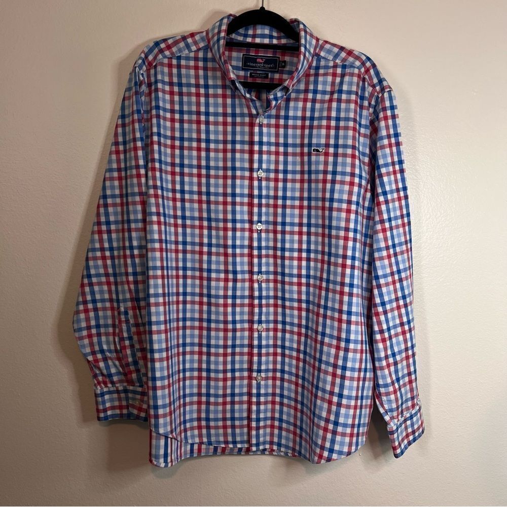Vinyard Vines Wale Shirt Red Blue Plaid Long Sleeve Button Down Size XL